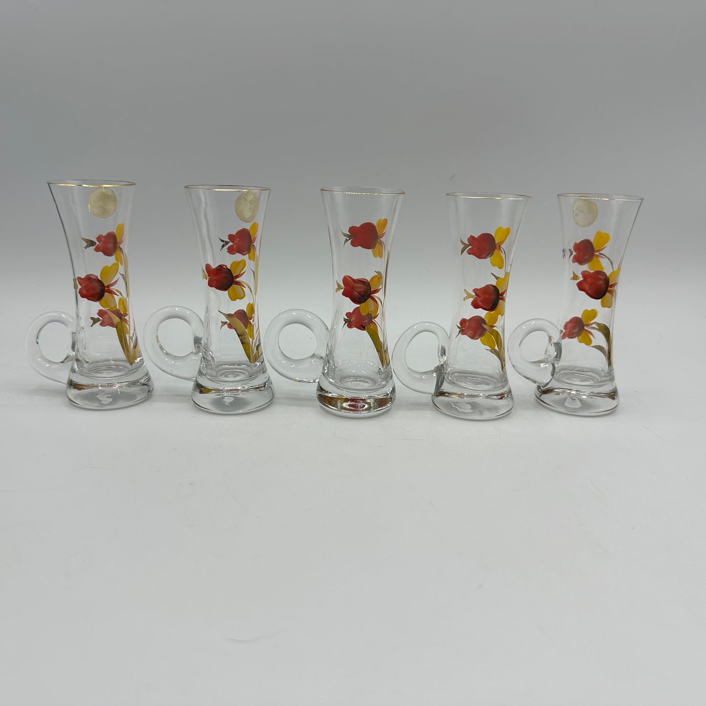 Floral Decanter and 5 Handled Shot Glasses, Hand Painted, Roumania