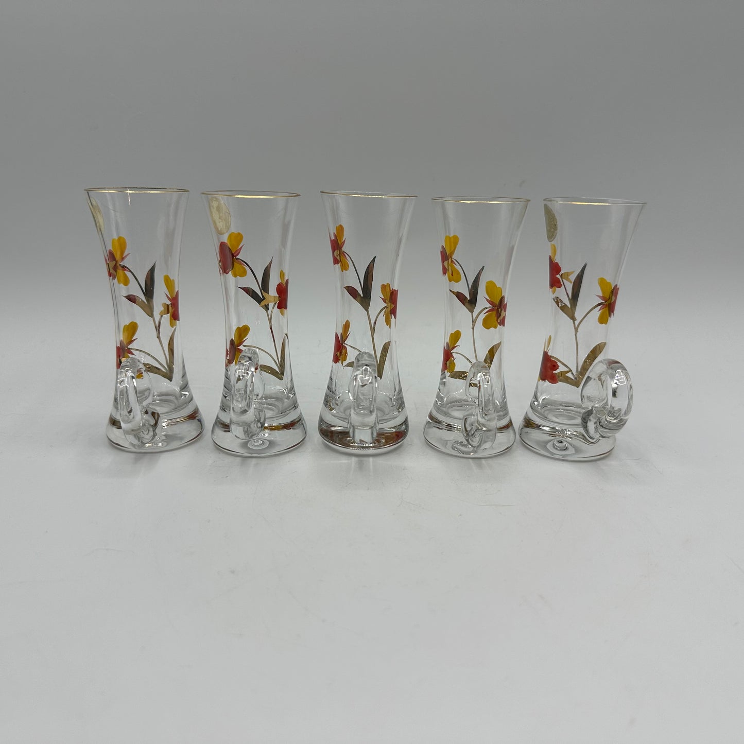 Floral Decanter and 5 Handled Shot Glasses, Hand Painted, Roumania