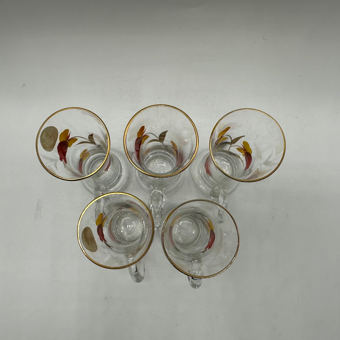 Floral Decanter and 5 Handled Shot Glasses, Hand Painted, Roumania