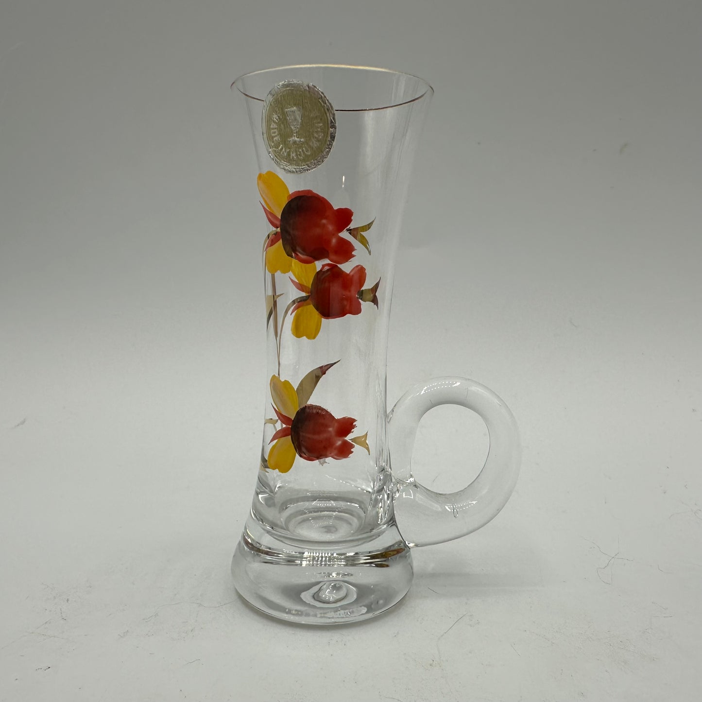 Floral Decanter and 5 Handled Shot Glasses, Hand Painted, Roumania