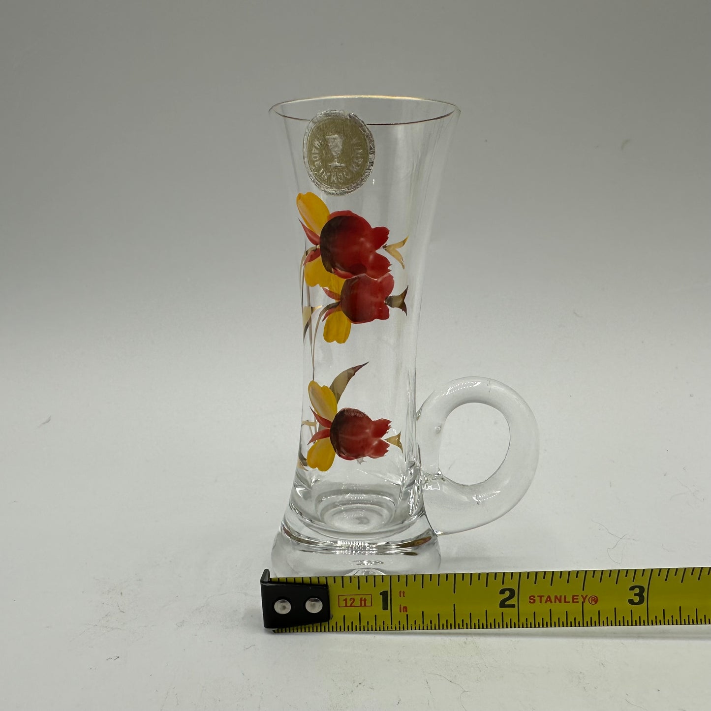 Floral Decanter and 5 Handled Shot Glasses, Hand Painted, Roumania