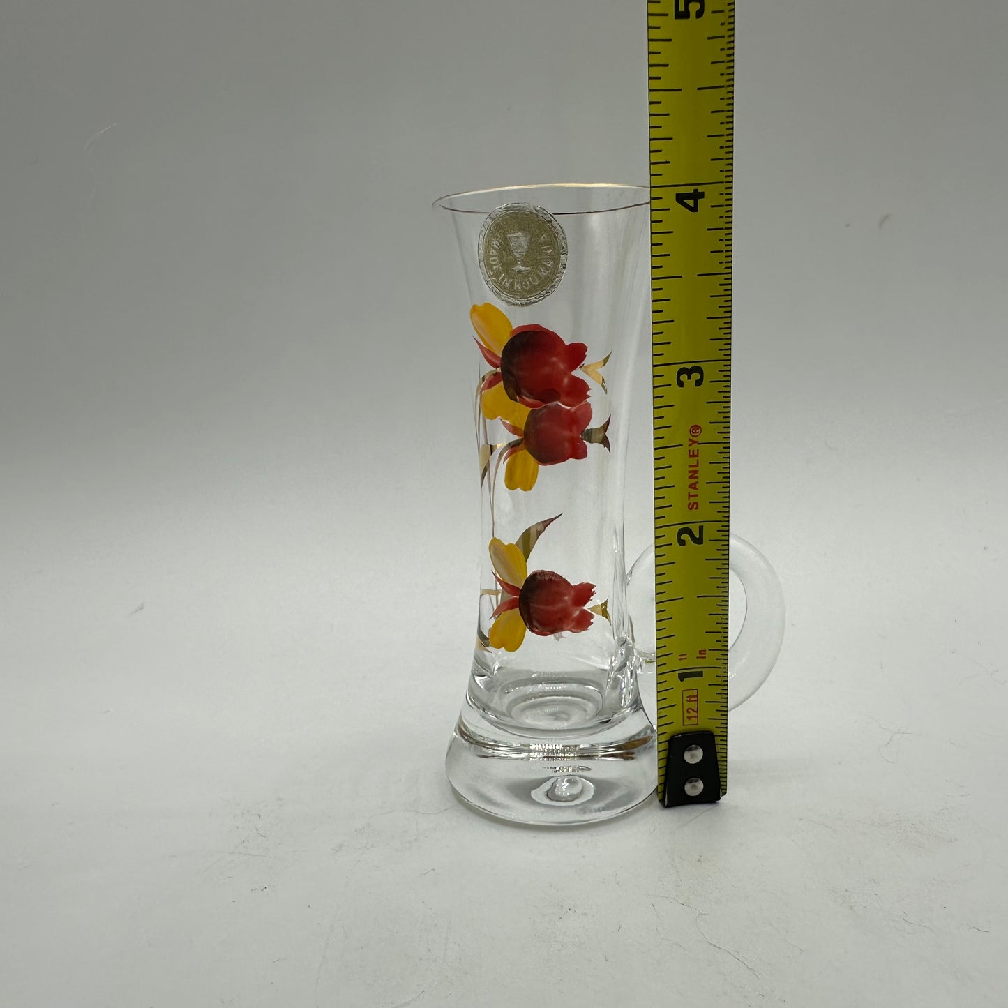 Floral Decanter and 5 Handled Shot Glasses, Hand Painted, Roumania