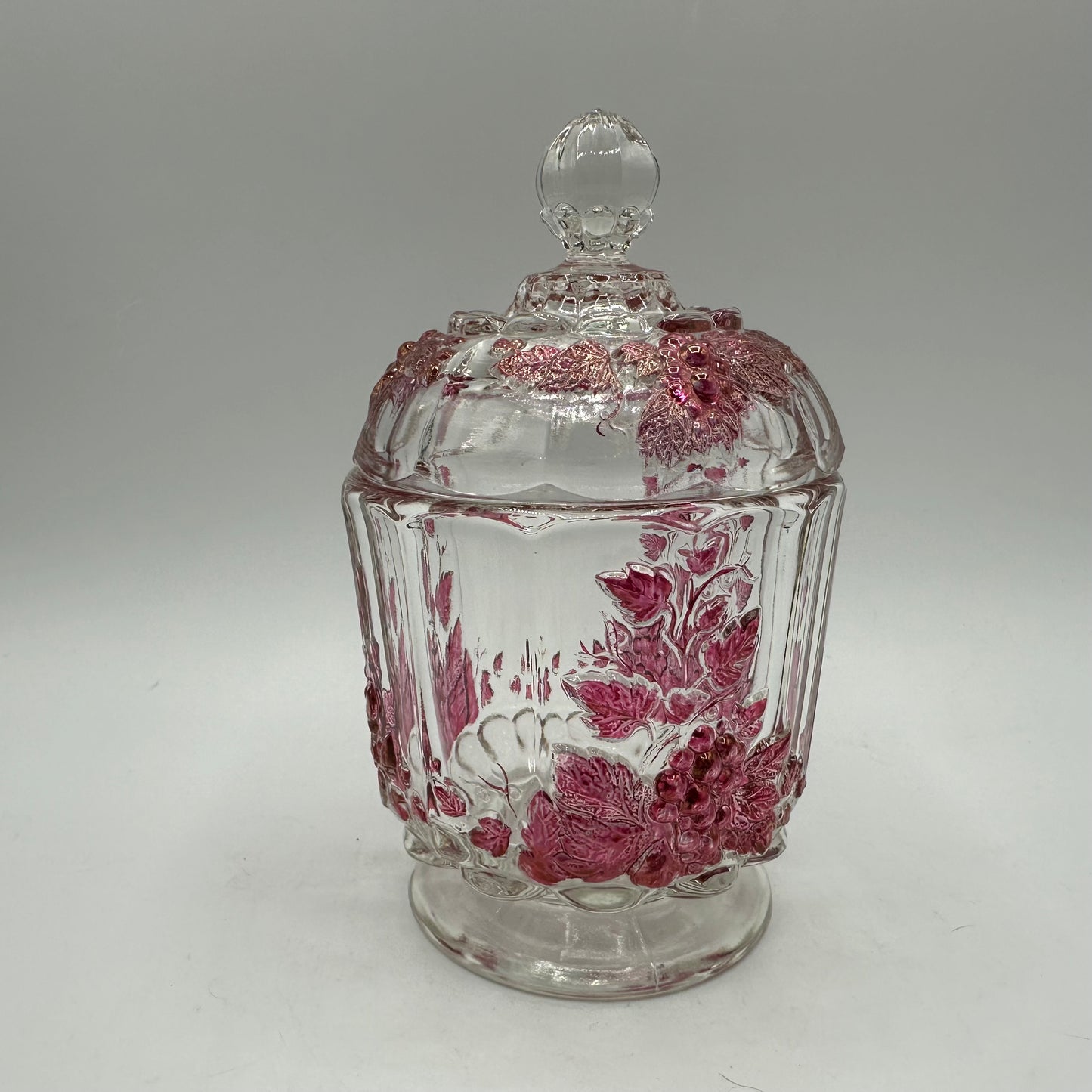 Westmoreland Lidded Candy Dish, Clear With a Red Flash Grape Design