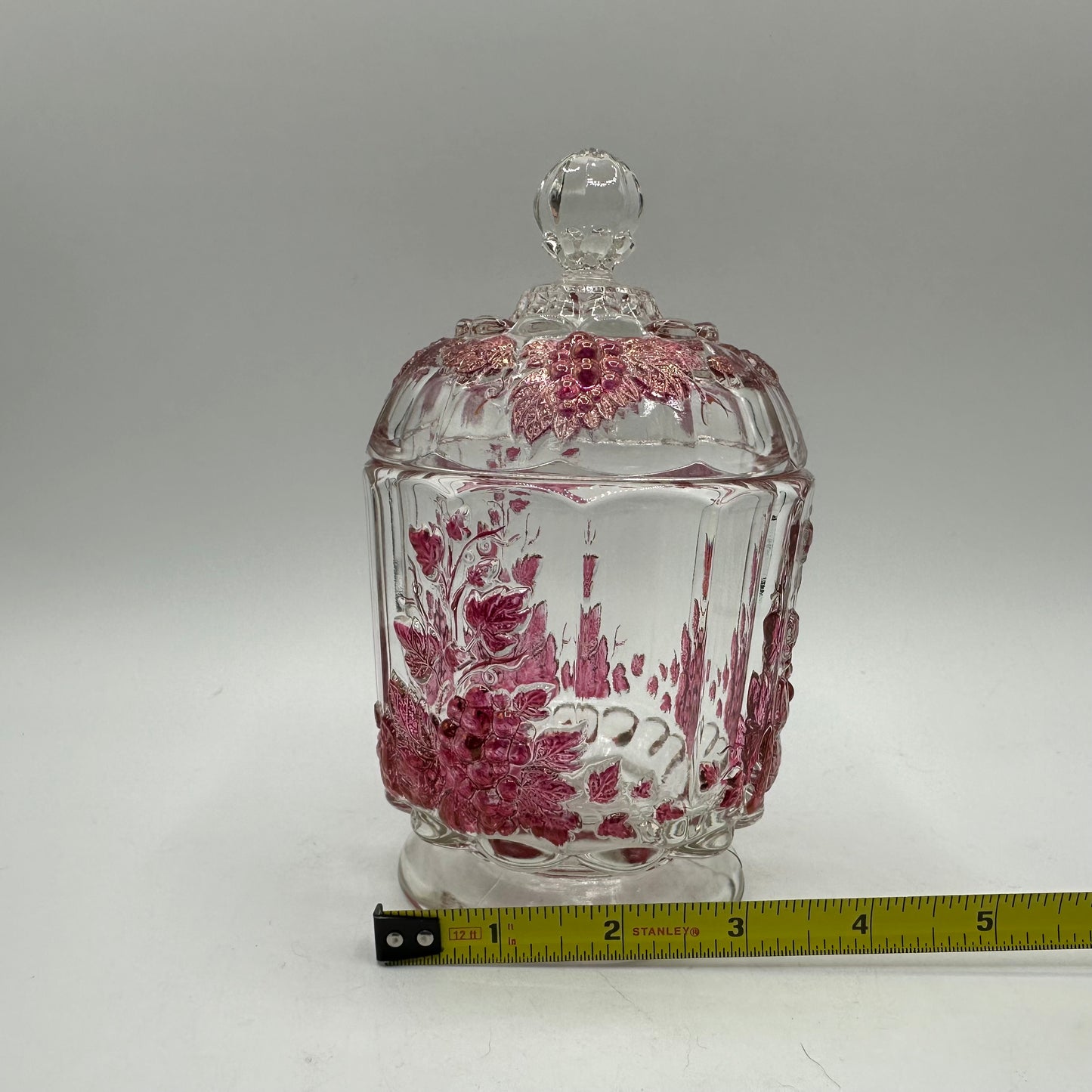 Westmoreland Lidded Candy Dish, Clear With a Red Flash Grape Design