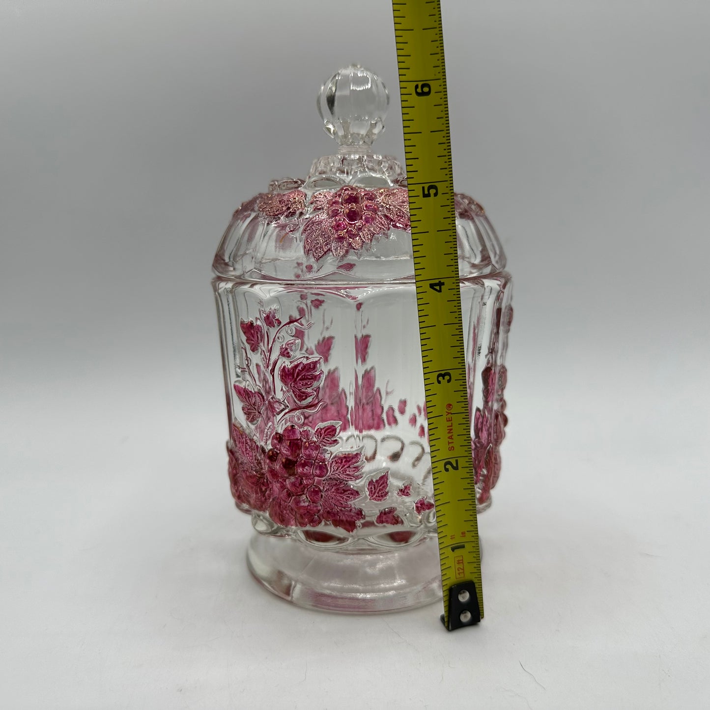 Westmoreland Lidded Candy Dish, Clear With a Red Flash Grape Design