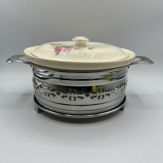 Ovenproof Covered Casserole With Metal Stand and Floral Design