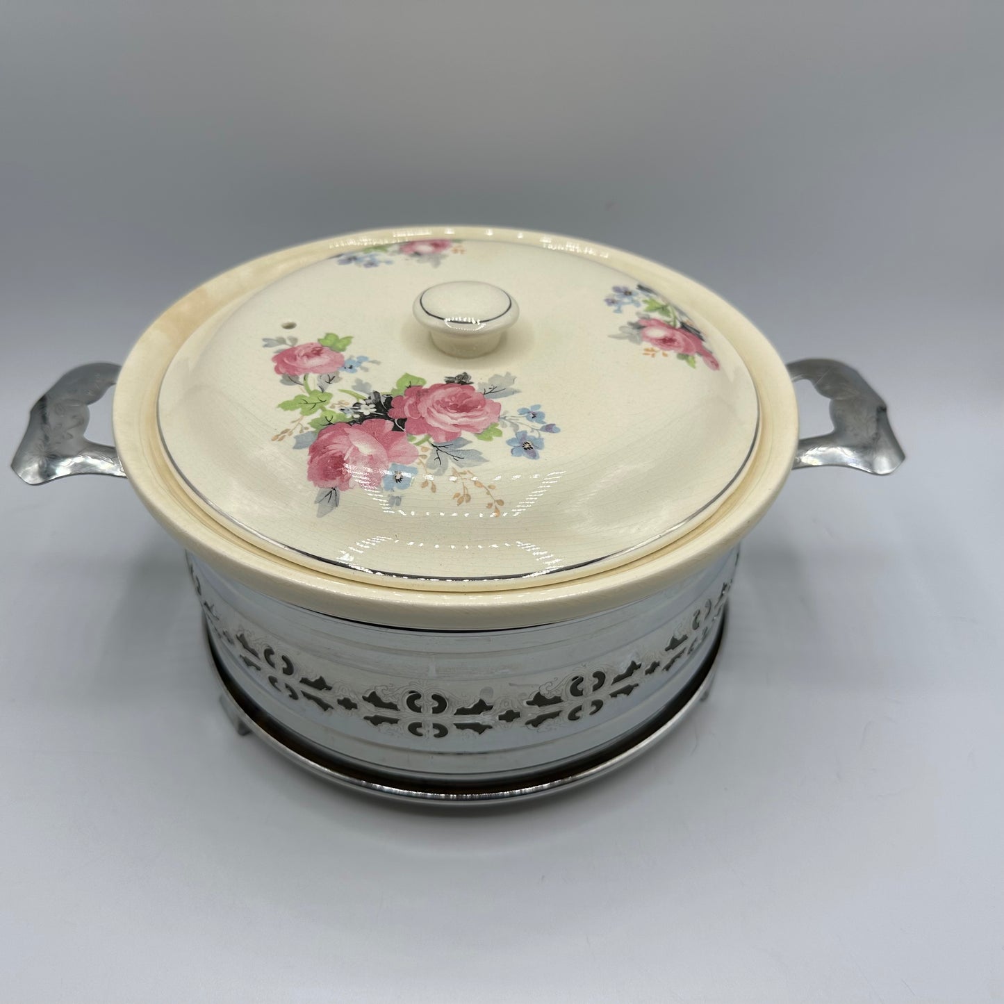 Ovenproof Covered Casserole With Metal Stand and Floral Design