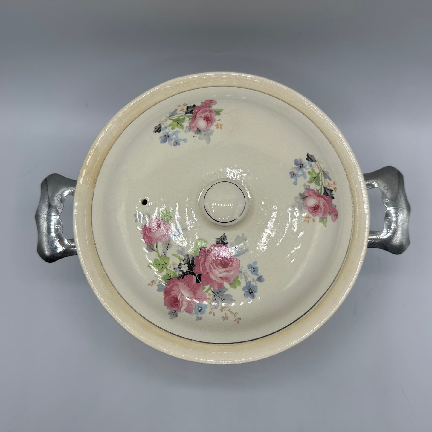 Ovenproof Covered Casserole With Metal Stand and Floral Design