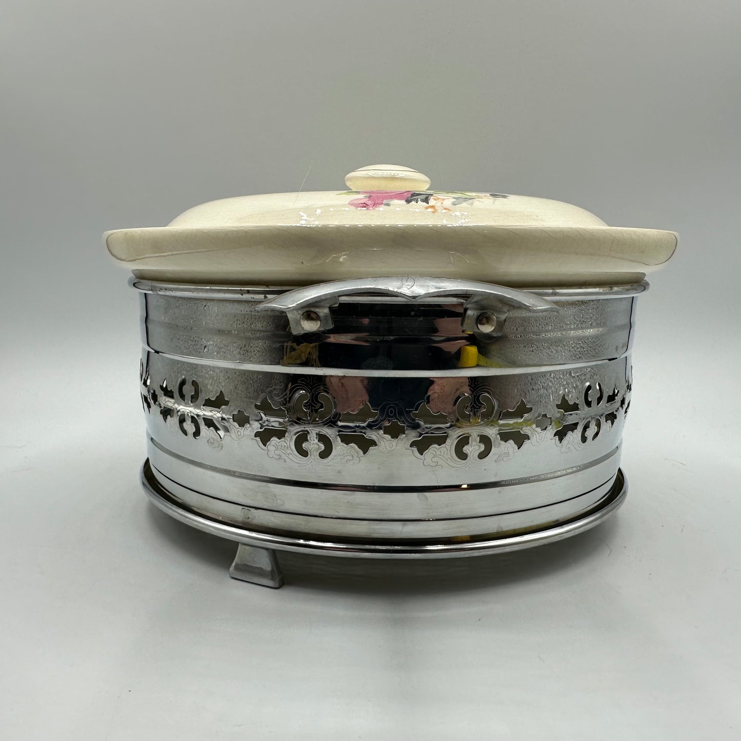 Ovenproof Covered Casserole With Metal Stand and Floral Design