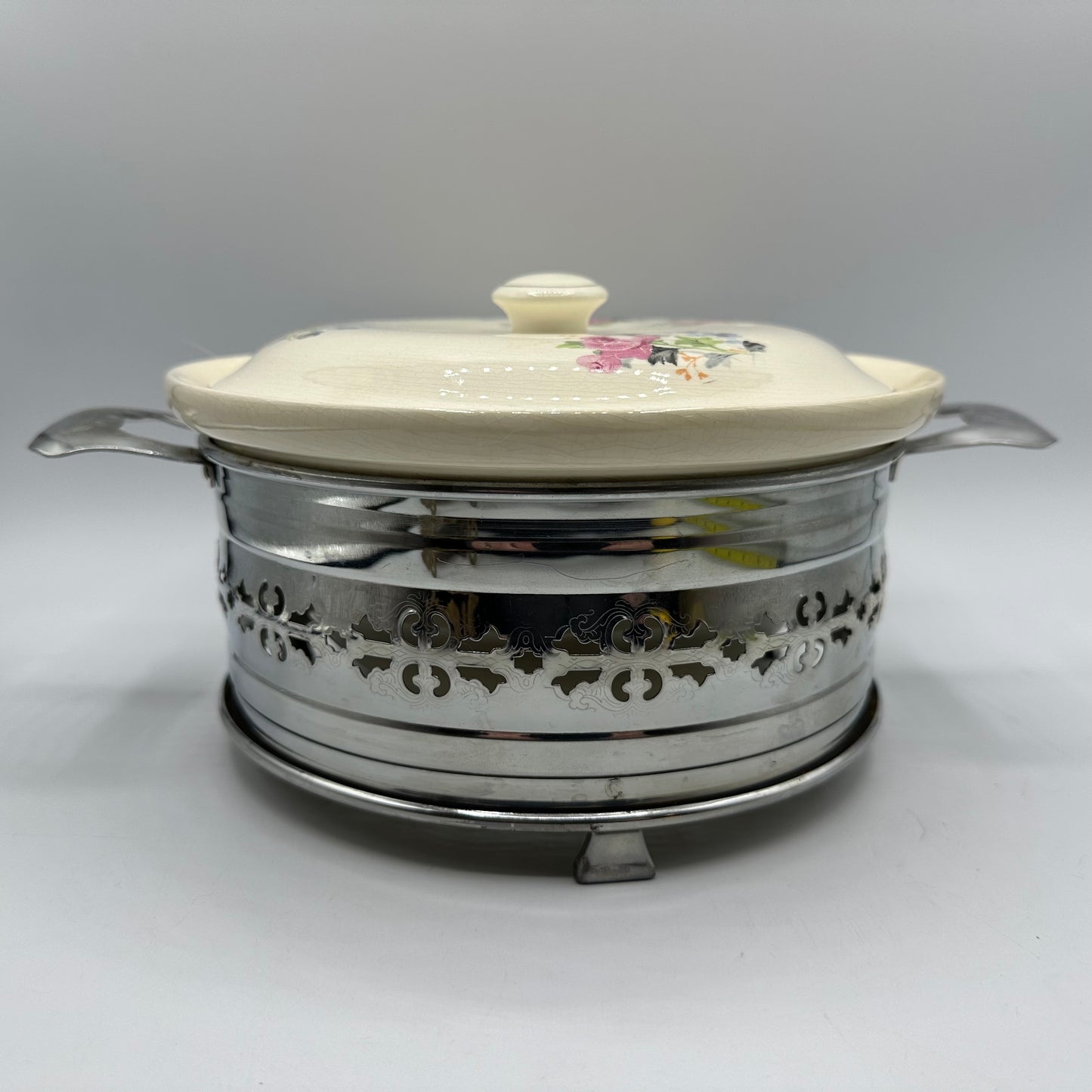 Ovenproof Covered Casserole With Metal Stand and Floral Design