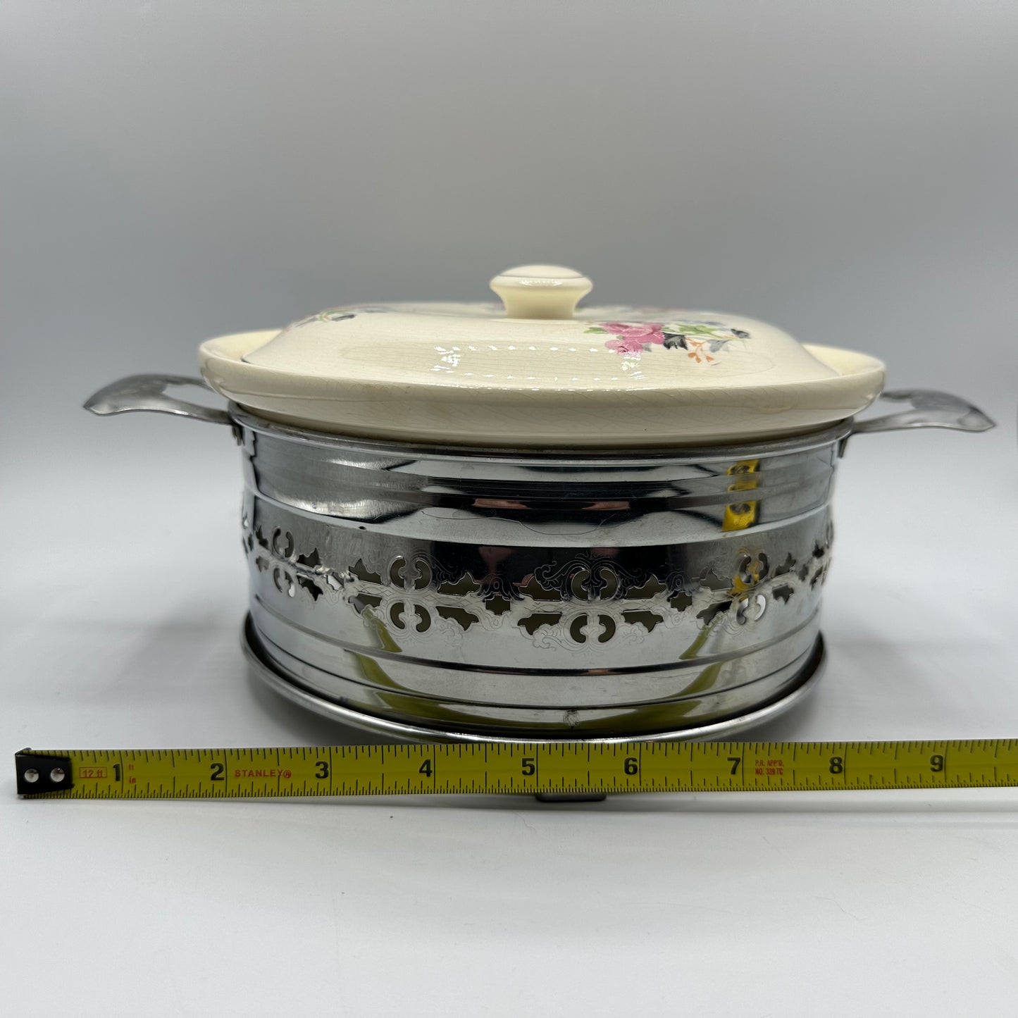 Ovenproof Covered Casserole With Metal Stand and Floral Design