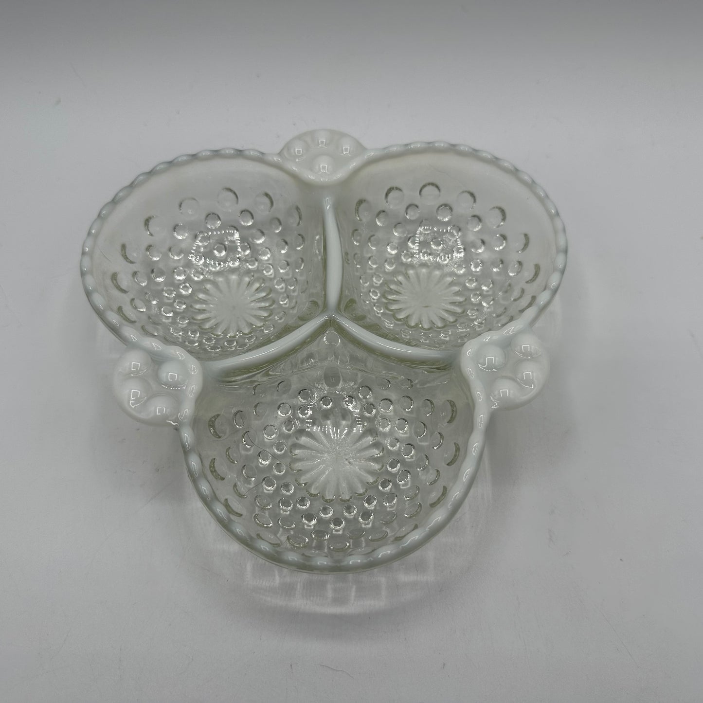 Anchor Hocking Opalescent Moonstone Clover Shape 3 Part Relish Dish