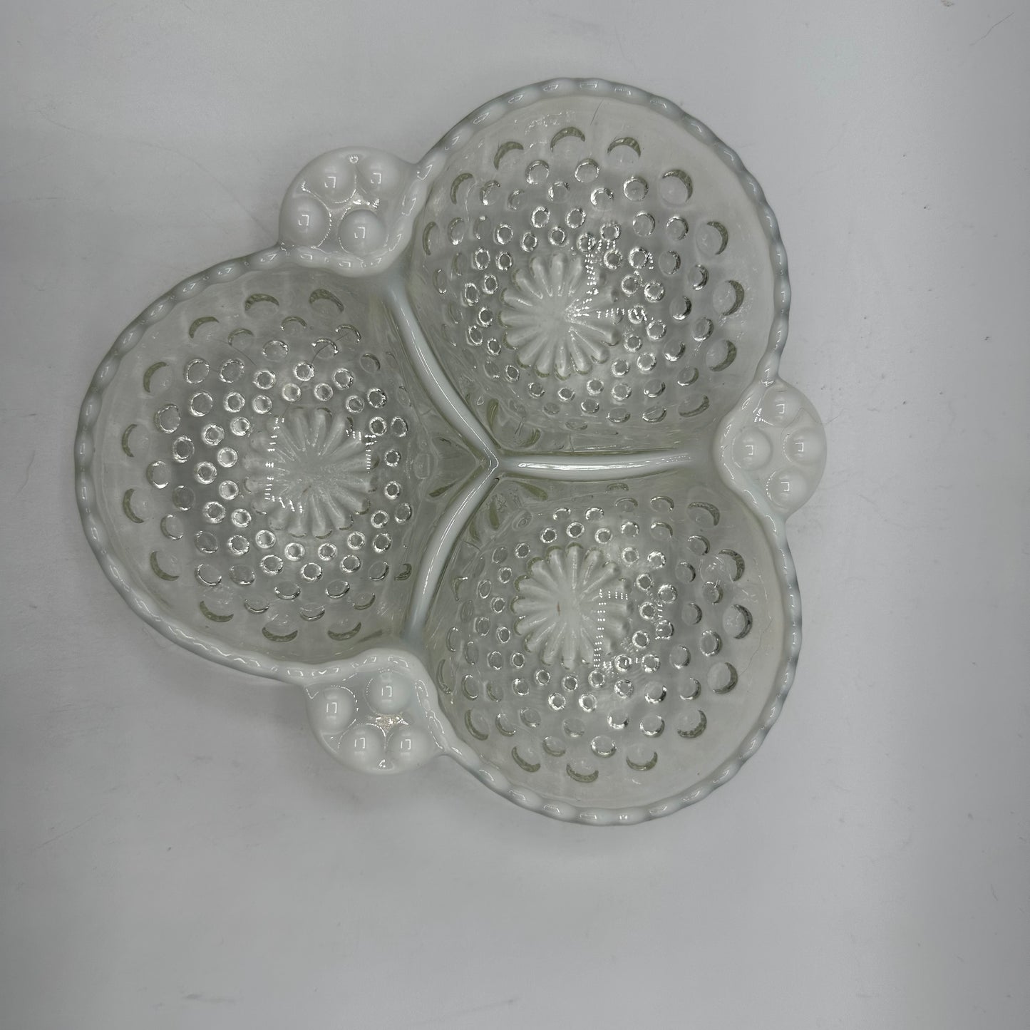 Anchor Hocking Opalescent Moonstone Clover Shape 3 Part Relish Dish