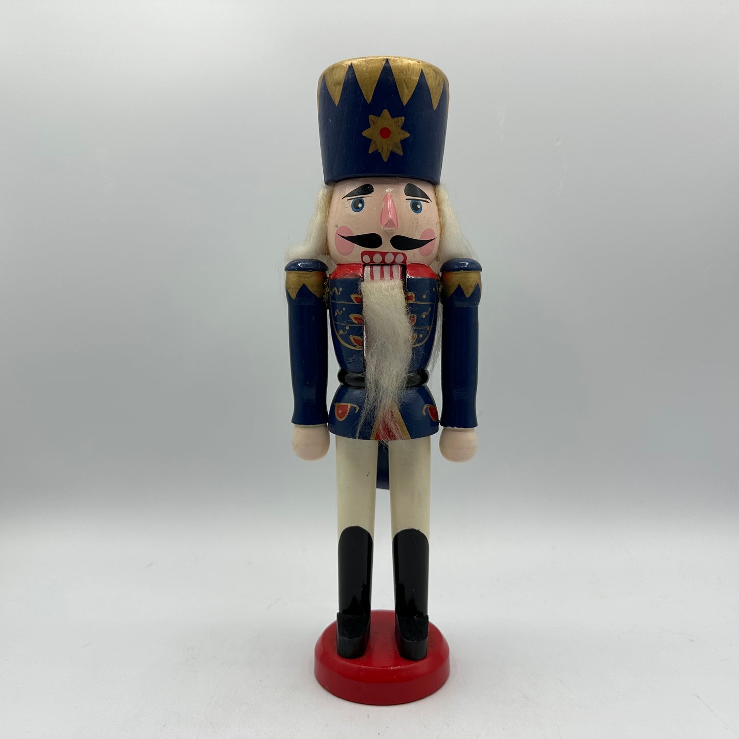 Vintage Wooden Soldier Christmas Nutcracker Hand Painted Blue Gold 10" High