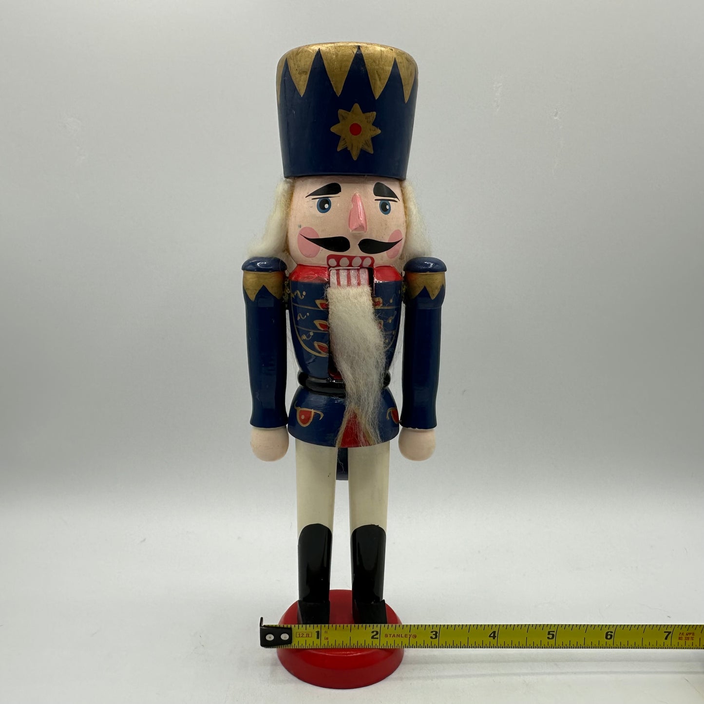 Vintage Wooden Soldier Christmas Nutcracker Hand Painted Blue Gold 10" High