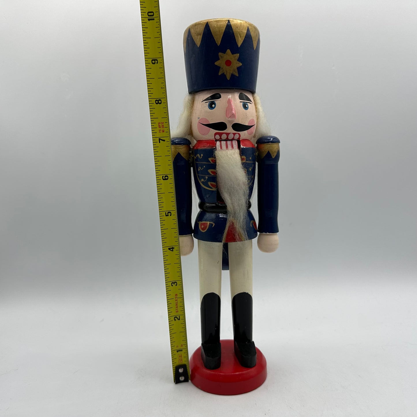 Vintage Wooden Soldier Christmas Nutcracker Hand Painted Blue Gold 10" High