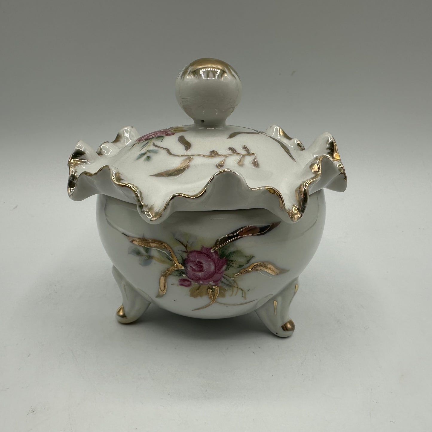 Powder Jar With Floral Design and Ruffled Lid, Footed