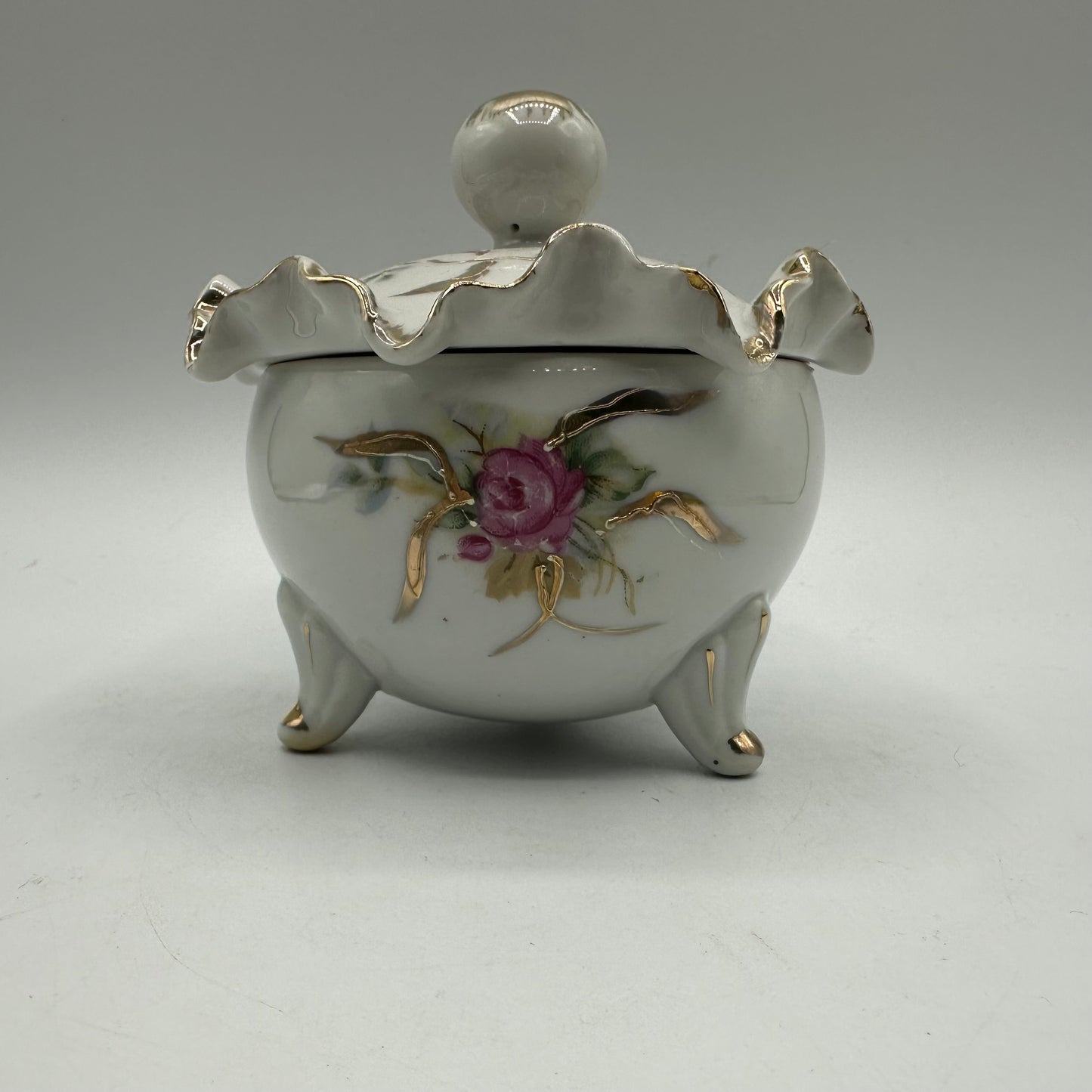 Powder Jar With Floral Design and Ruffled Lid, Footed