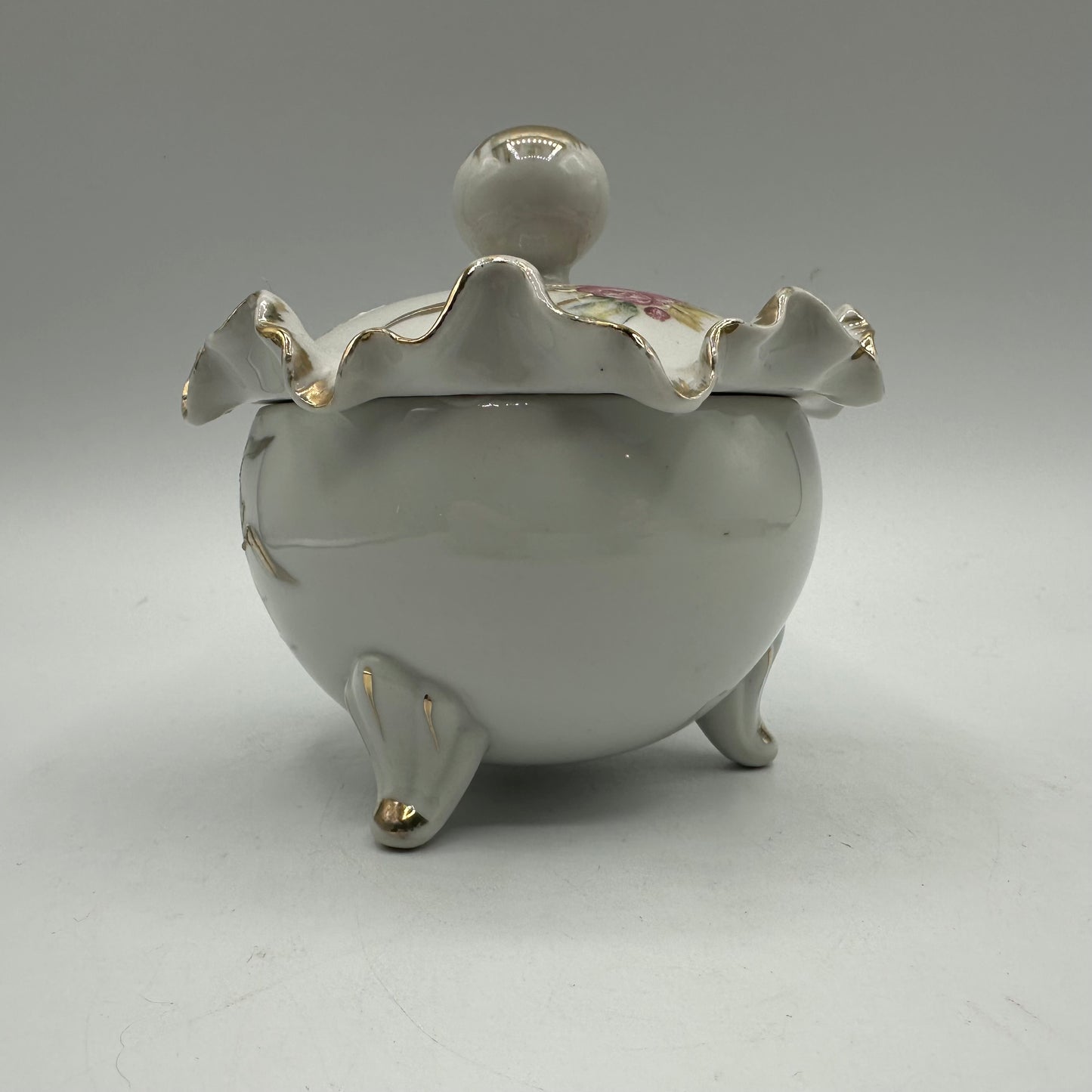 Powder Jar With Floral Design and Ruffled Lid, Footed