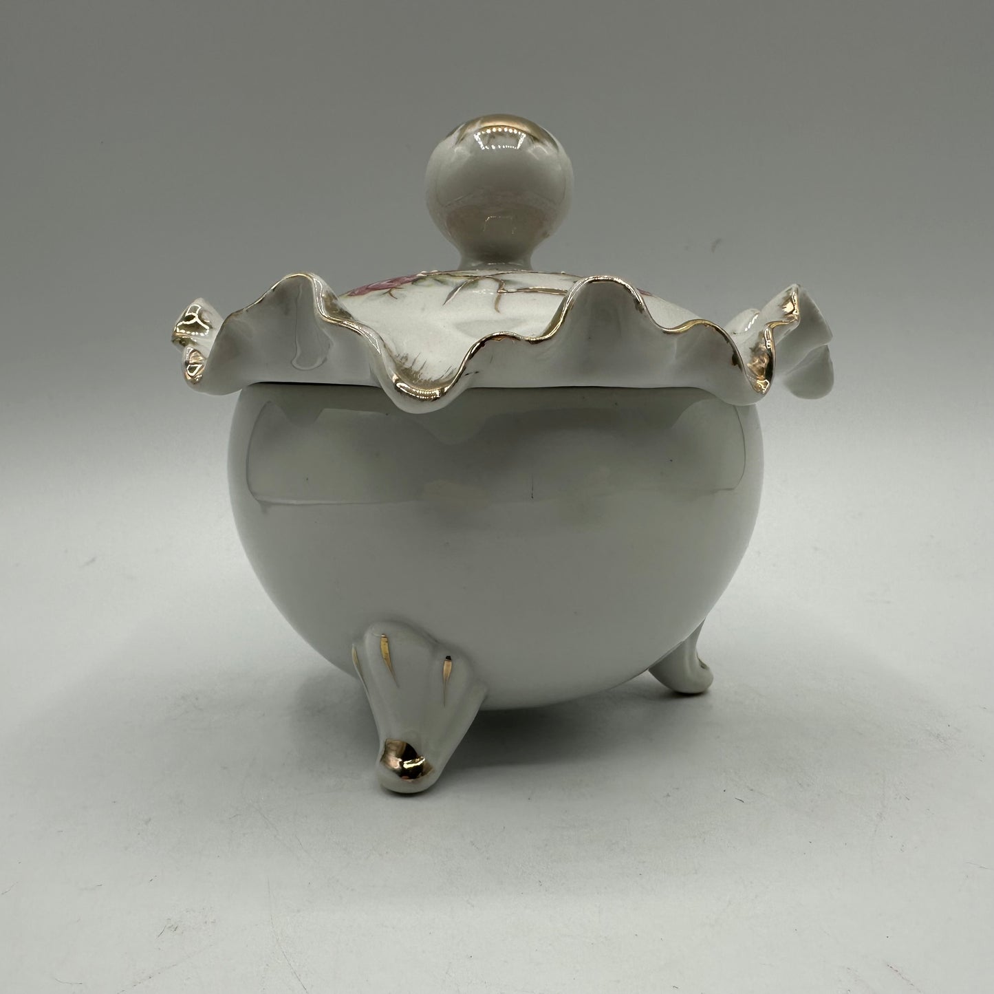 Powder Jar With Floral Design and Ruffled Lid, Footed