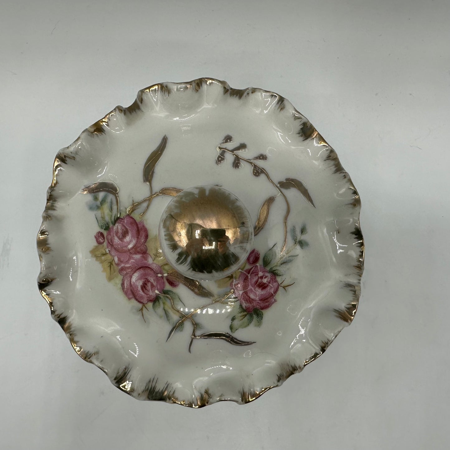 Powder Jar With Floral Design and Ruffled Lid, Footed