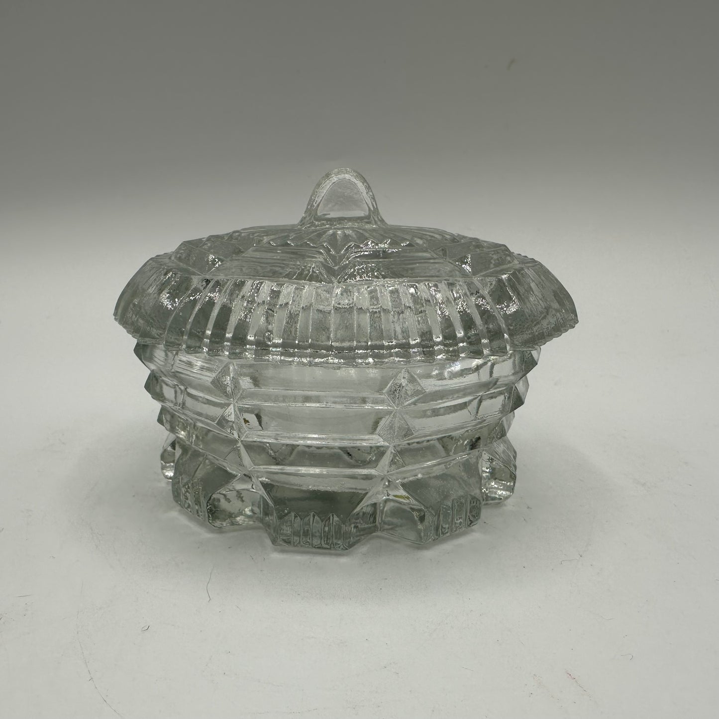 Pressed Glass Round Powder/Trinket Box with Lid-Art Deco Design