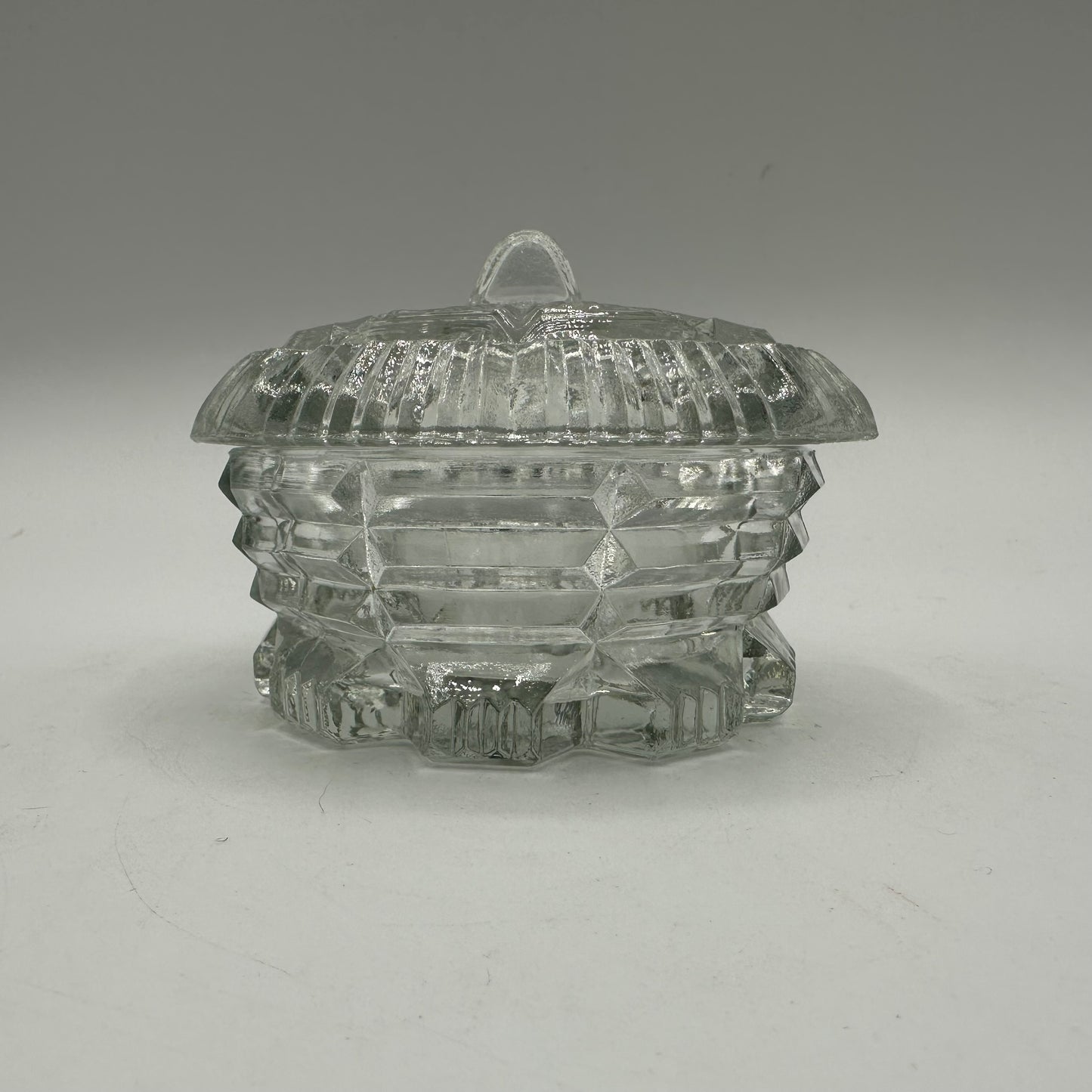 Pressed Glass Round Powder/Trinket Box with Lid-Art Deco Design