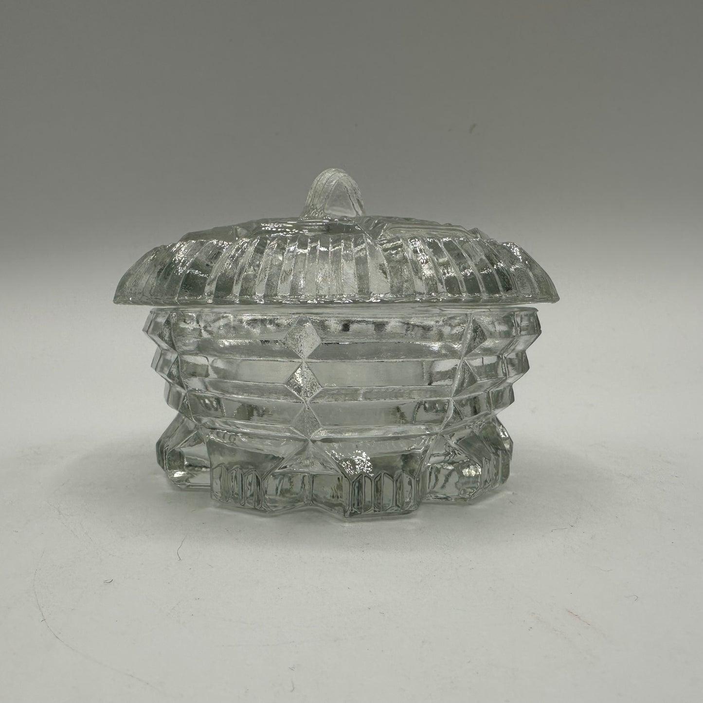 Pressed Glass Round Powder/Trinket Box with Lid-Art Deco Design