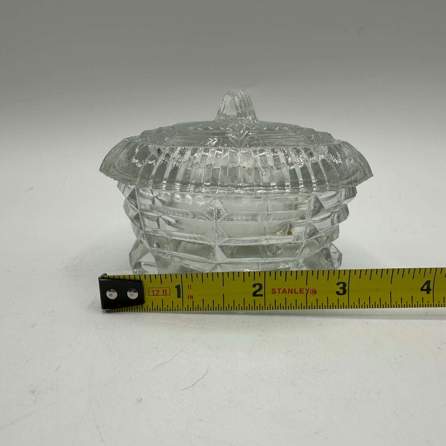 Pressed Glass Round Powder/Trinket Box with Lid-Art Deco Design