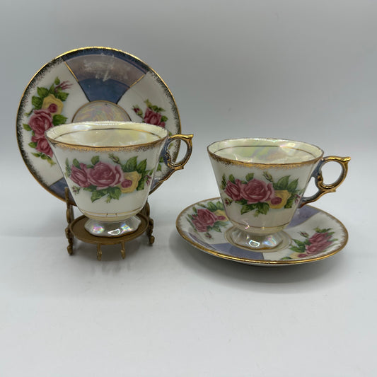 Porcelain Lusterware Cup & Saucer Rose Design Japan, Set of 2
