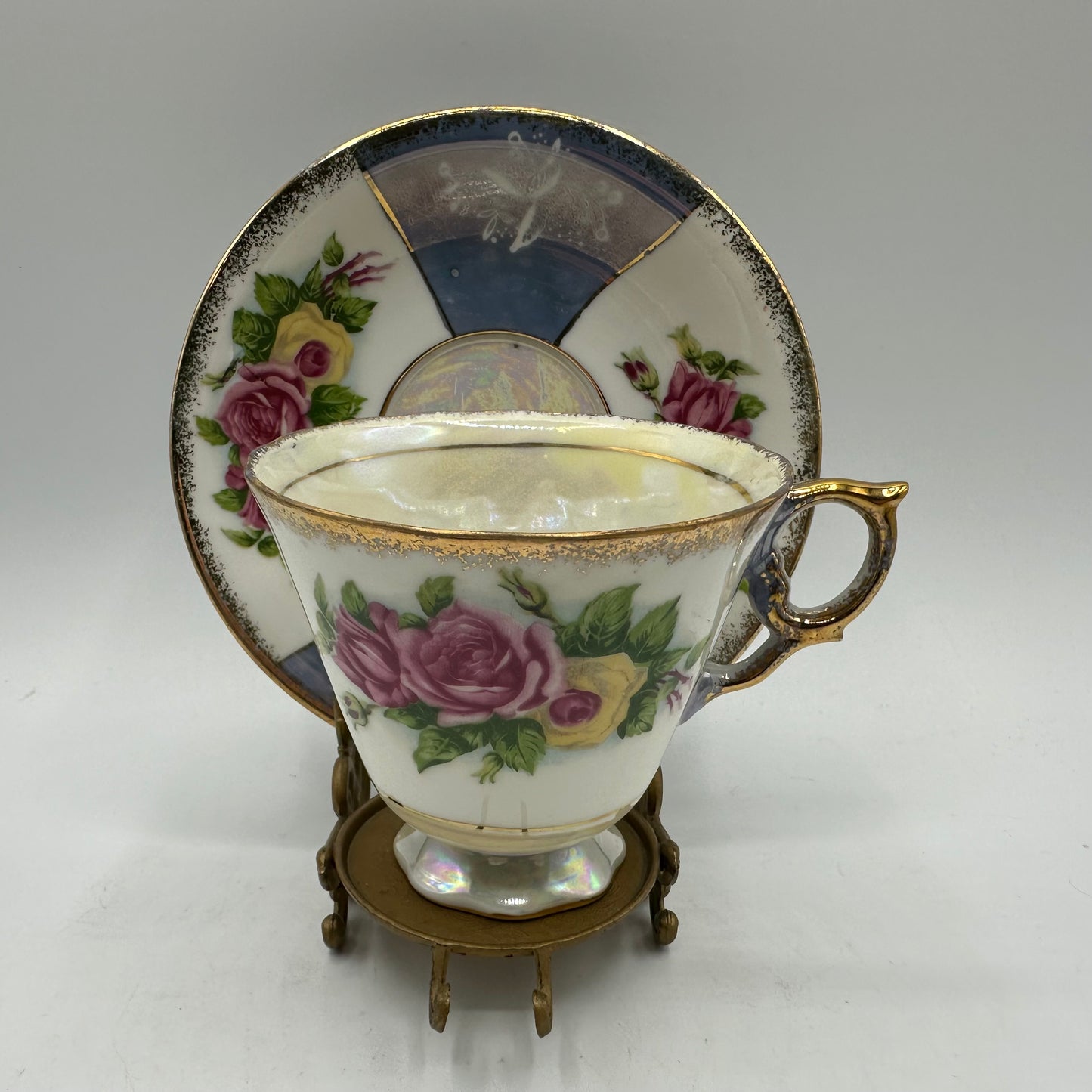 Porcelain Lusterware Cup & Saucer Rose Design Japan, Set of 2