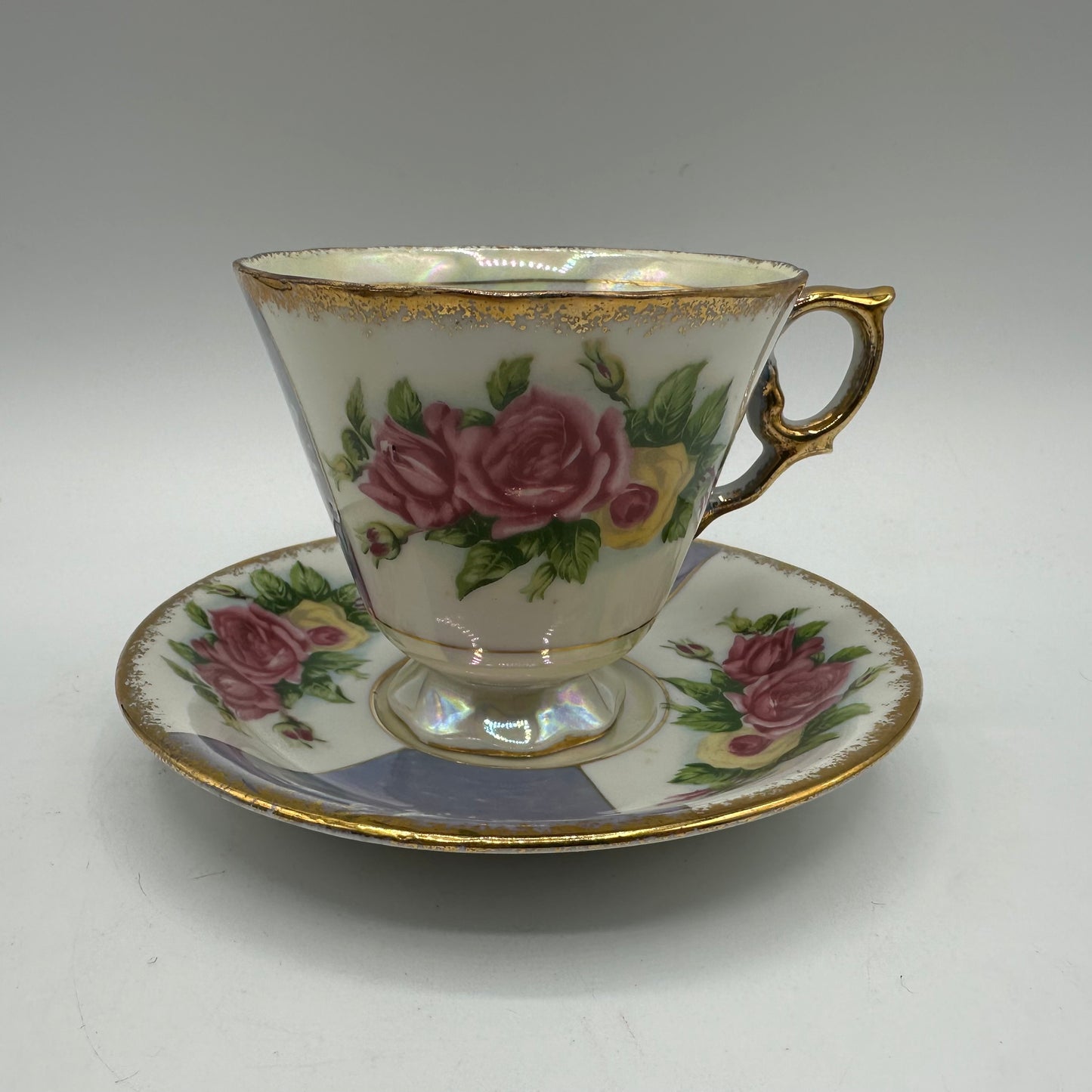 Porcelain Lusterware Cup & Saucer Rose Design Japan, Set of 2