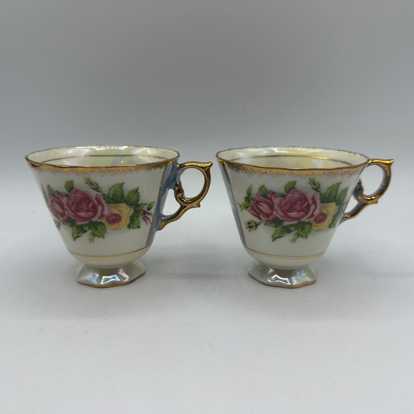 Porcelain Lusterware Cup & Saucer Rose Design Japan, Set of 2