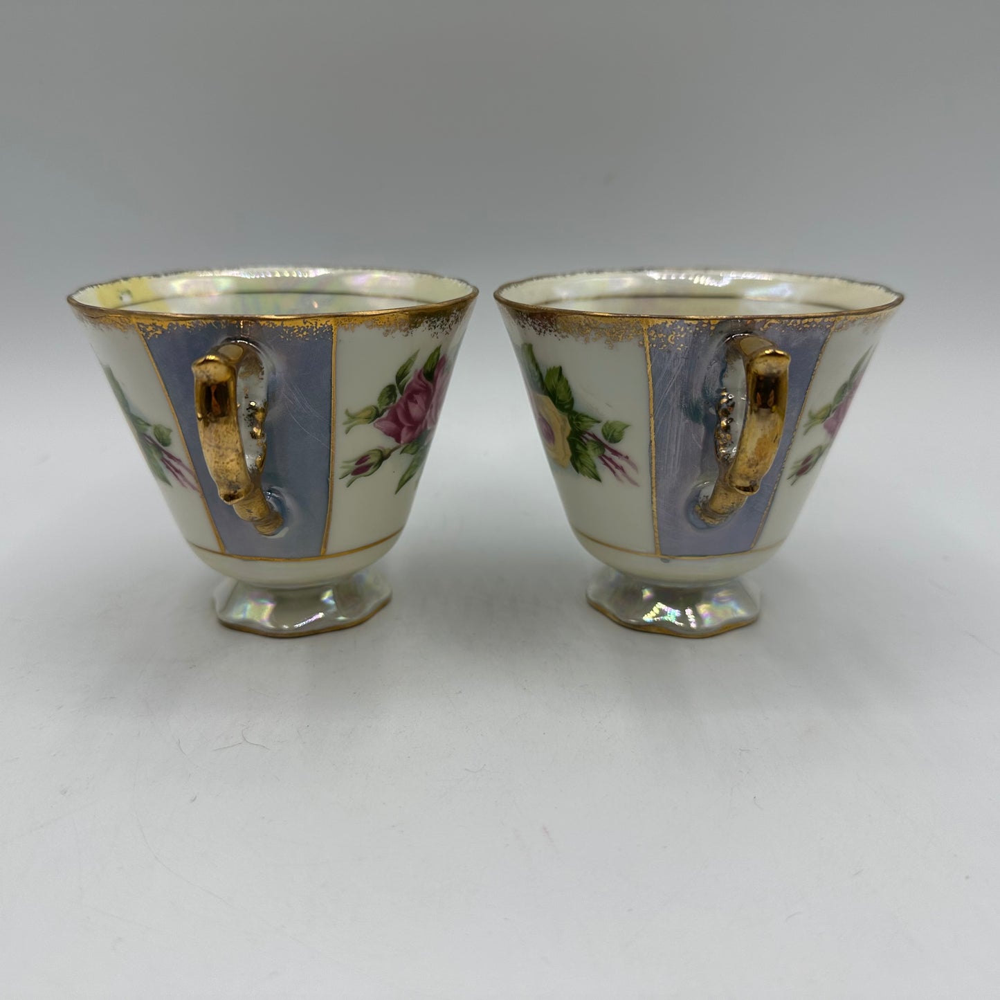 Porcelain Lusterware Cup & Saucer Rose Design Japan, Set of 2