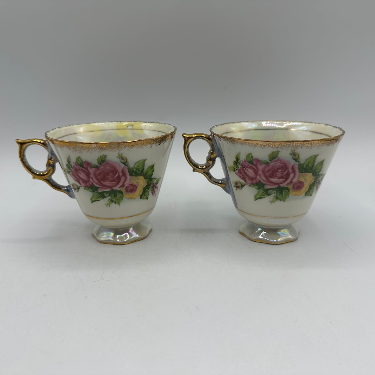 Porcelain Lusterware Cup & Saucer Rose Design Japan, Set of 2