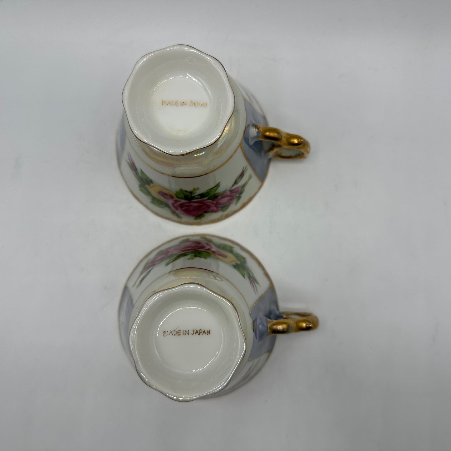 Porcelain Lusterware Cup & Saucer Rose Design Japan, Set of 2