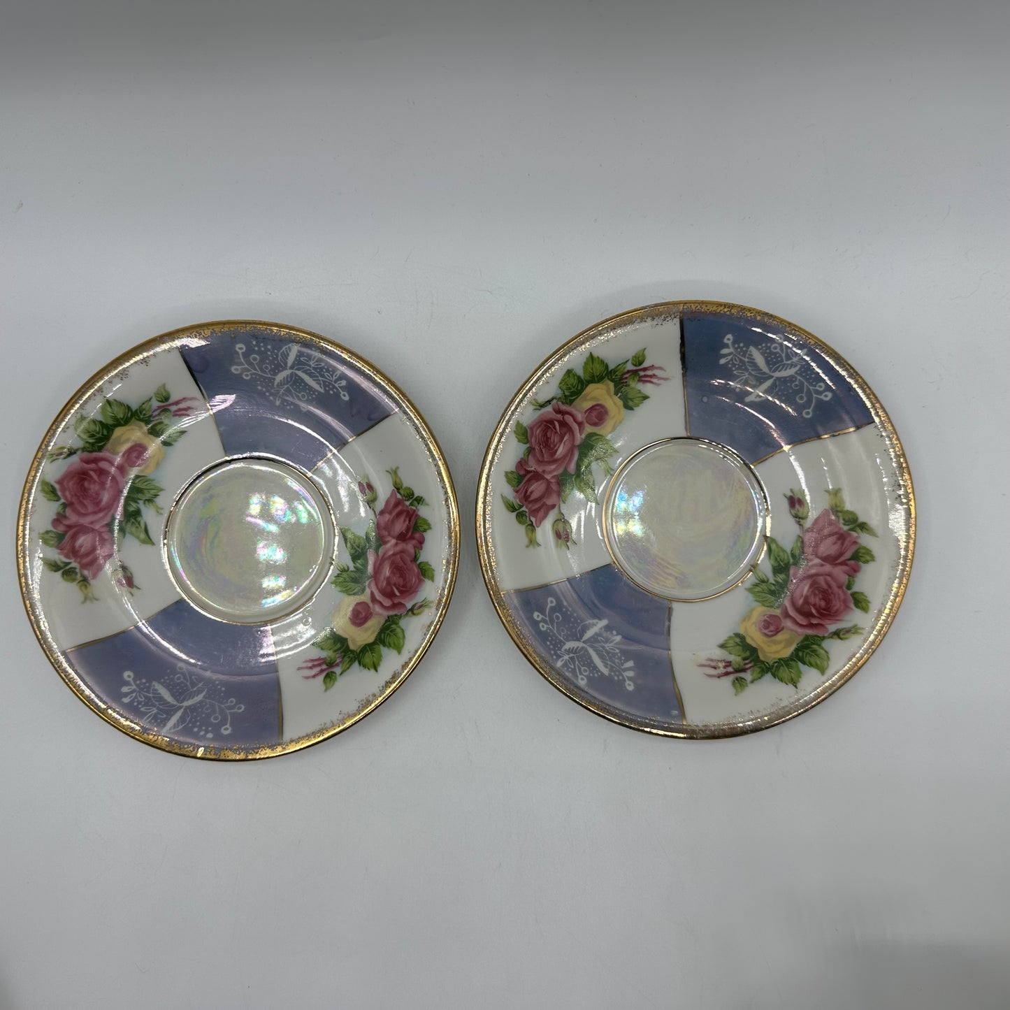 Porcelain Lusterware Cup & Saucer Rose Design Japan, Set of 2