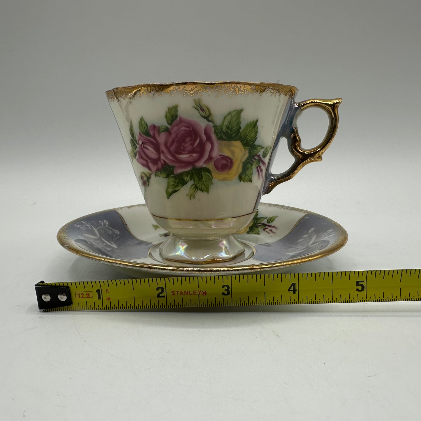 Porcelain Lusterware Cup & Saucer Rose Design Japan, Set of 2