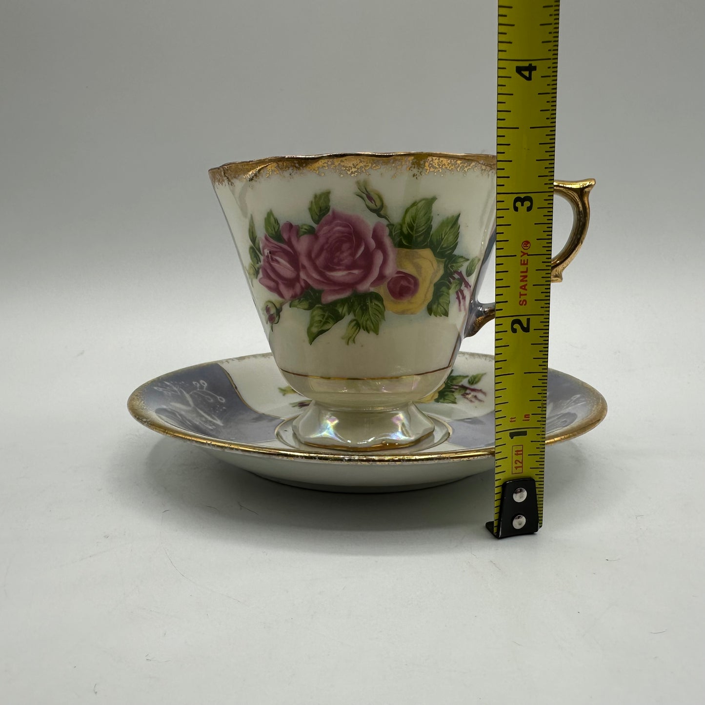 Porcelain Lusterware Cup & Saucer Rose Design Japan, Set of 2