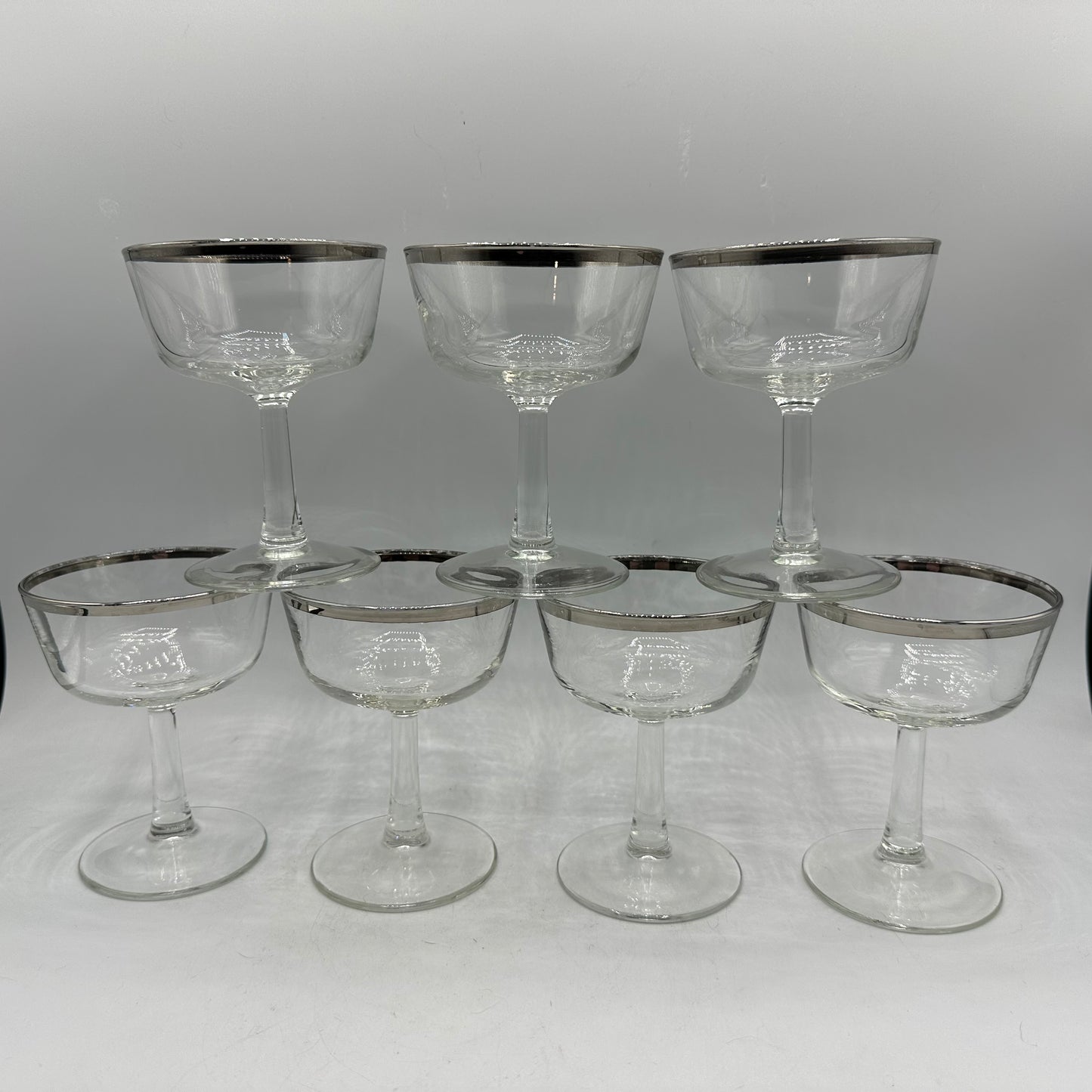 Silver Rimmed Champagne Glasses, Set of 7