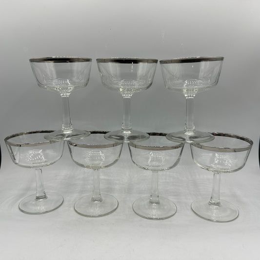 Silver Rimmed Champagne Glasses, Set of 7