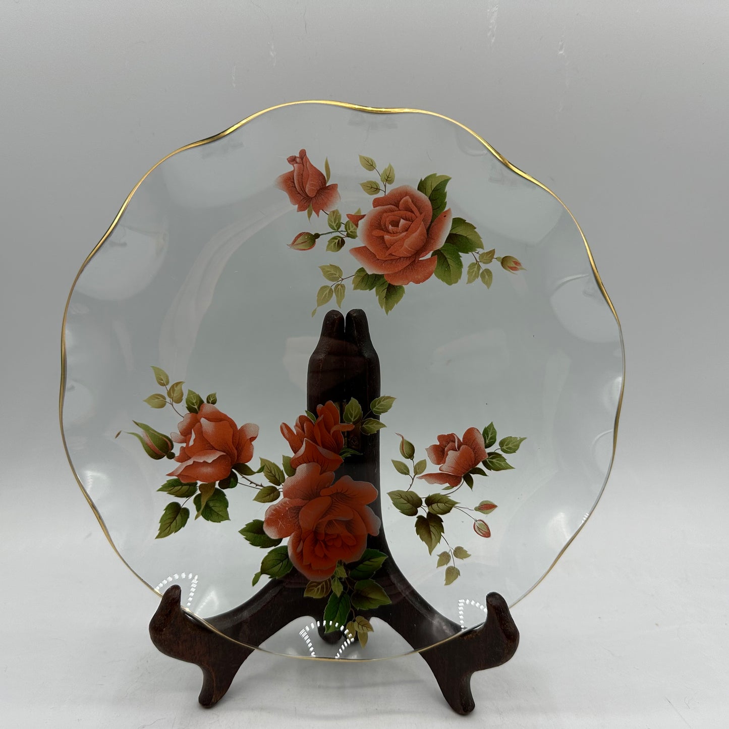 Ruffled Gold Rim Glass Plate With Salmon Pink Roses