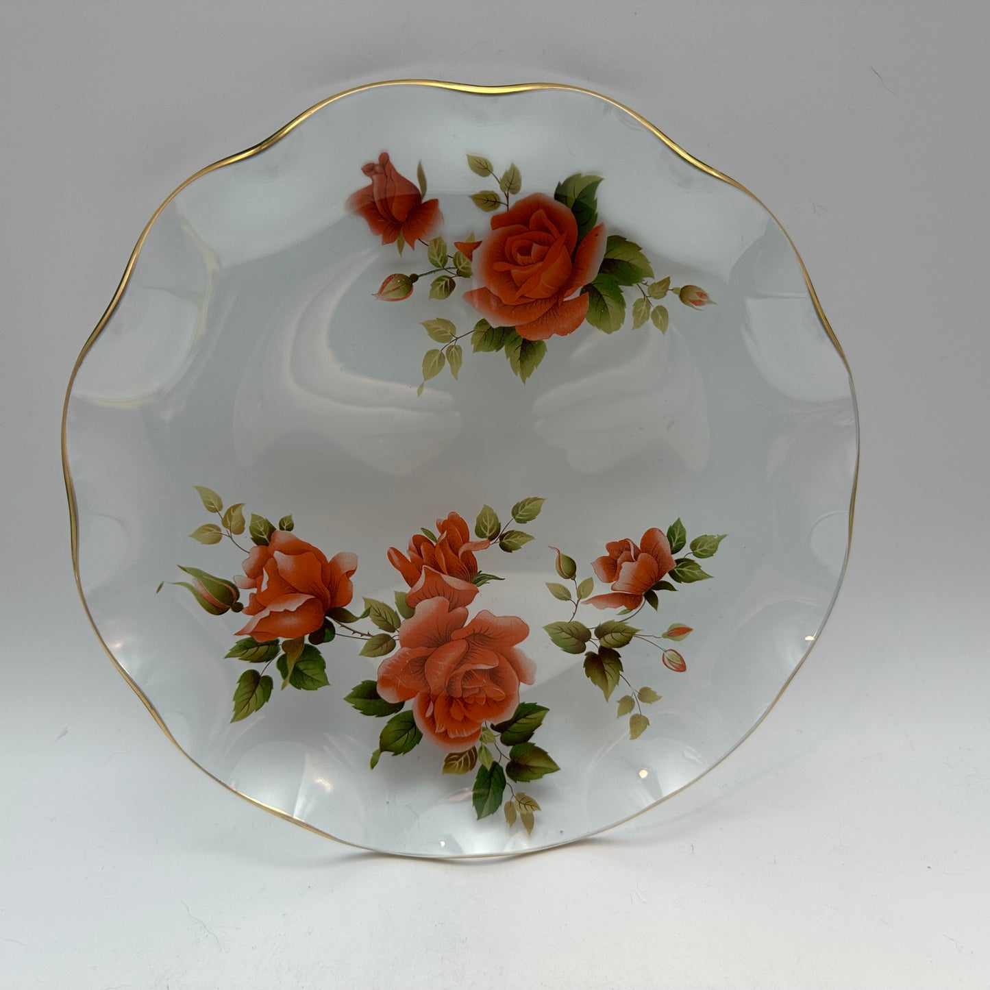 Ruffled Gold Rim Glass Plate With Salmon Pink Roses