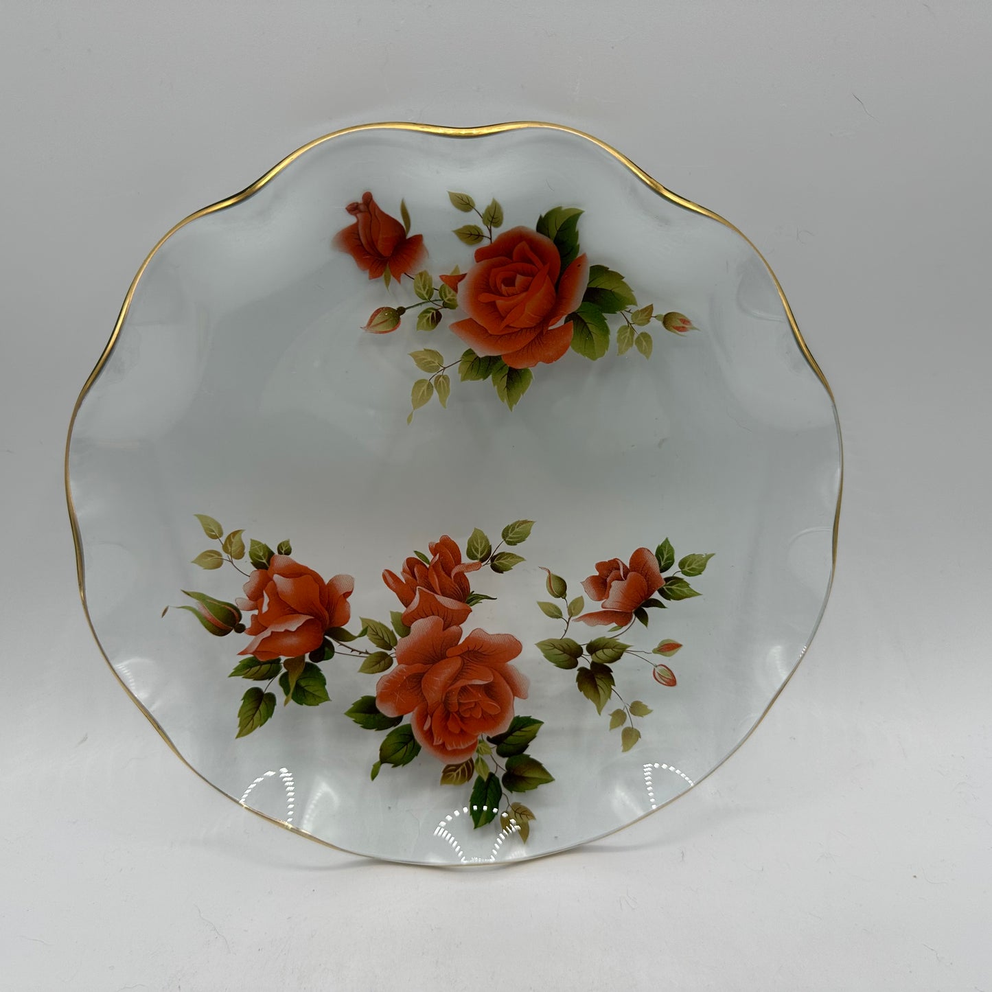 Ruffled Gold Rim Glass Plate With Salmon Pink Roses