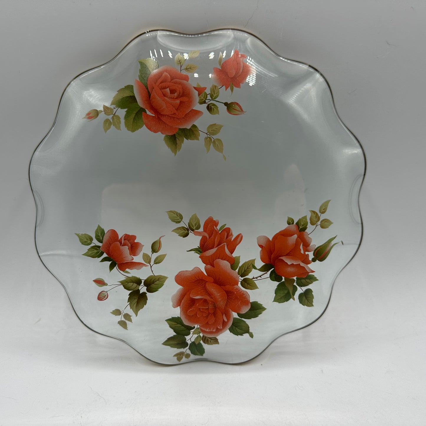 Ruffled Gold Rim Glass Plate With Salmon Pink Roses