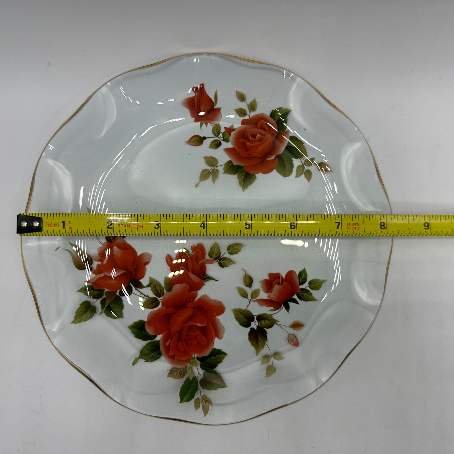 Ruffled Gold Rim Glass Plate With Salmon Pink Roses