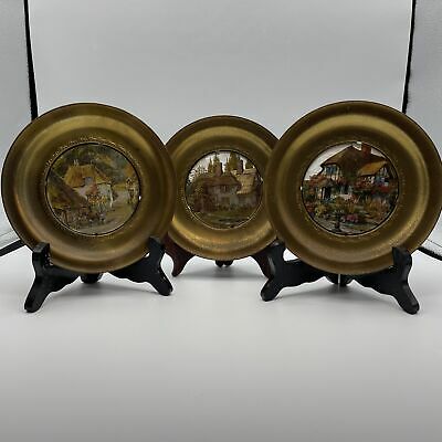 Vintage England Wall Plates Brass Frames with Foil Cottages Pictures - Nostalgia 2 Now