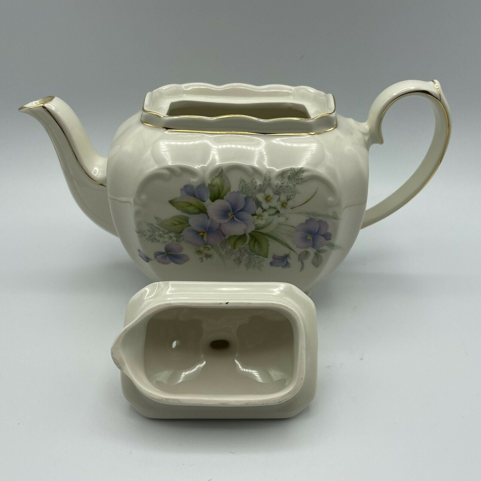 Vintage Windsor Sadler Cube Teapot Purple Pansies With Gold