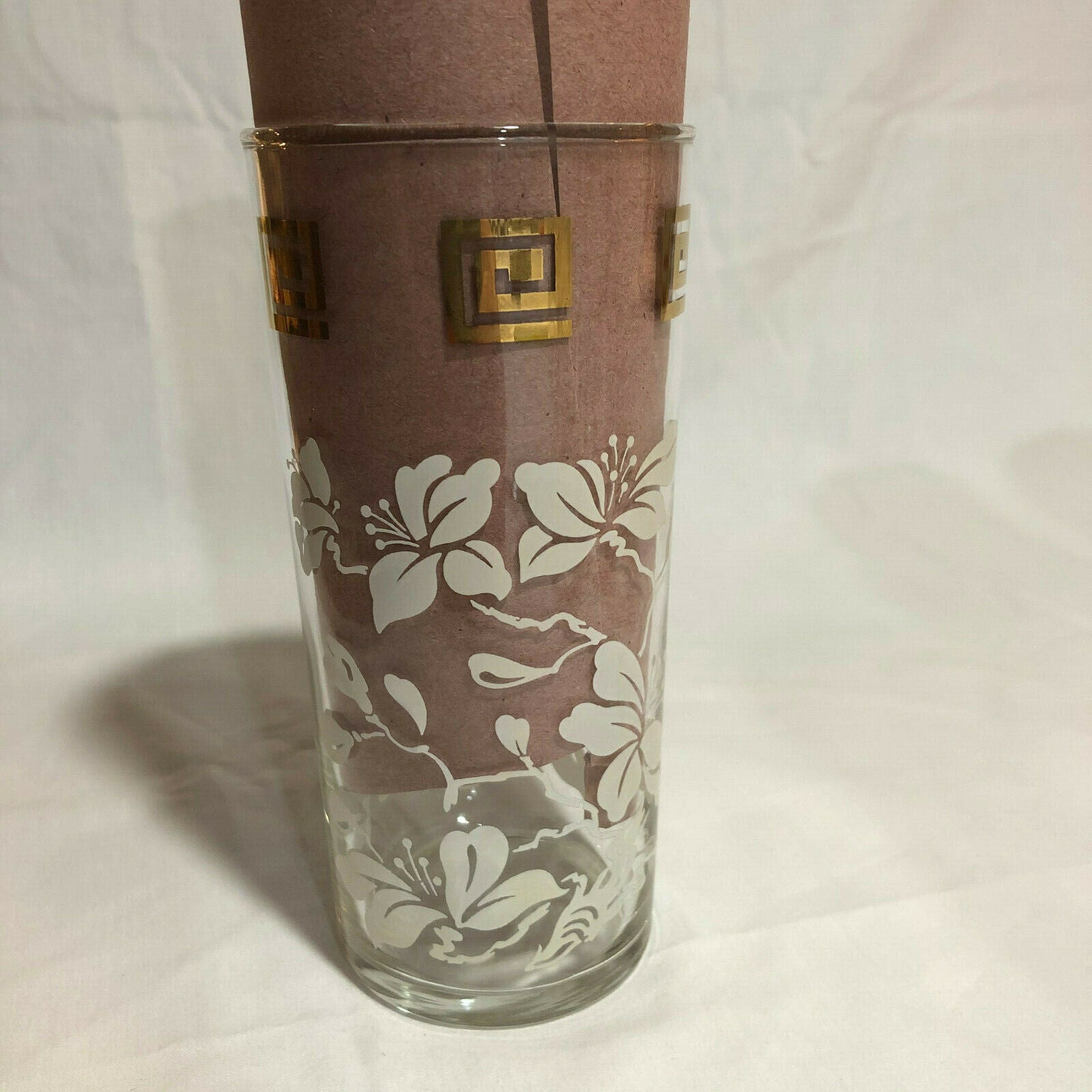 Anchor Hocking WHITE LEAVES & GOLD GRECIAN KEY Tumblers 6" Tall, set of 6 - Nostalgia 2 Now