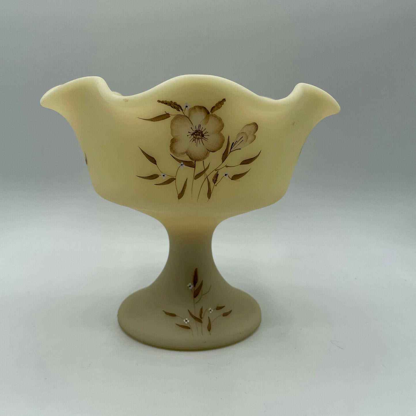 Vintage Fenton Satin Custard Signed Compote Wildflower Design - Nostalgia 2 Now